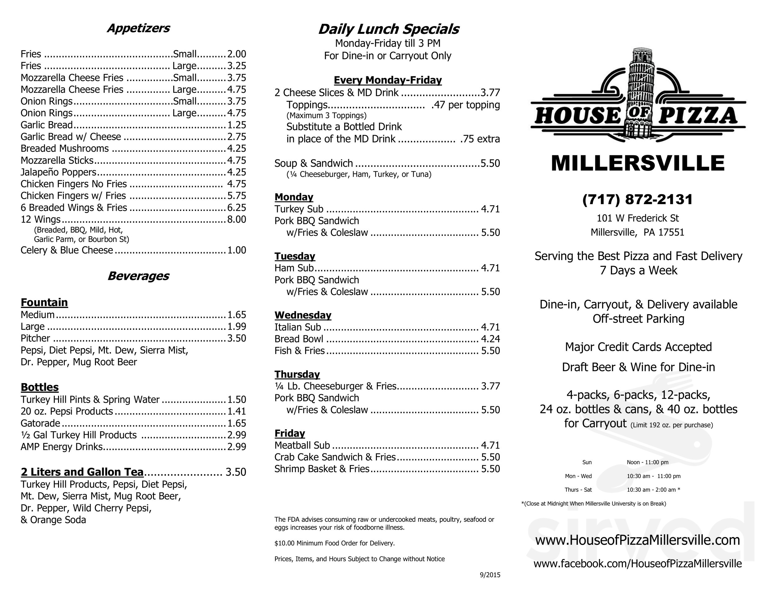 House of Pizza menu in Millersville, Pennsylvania