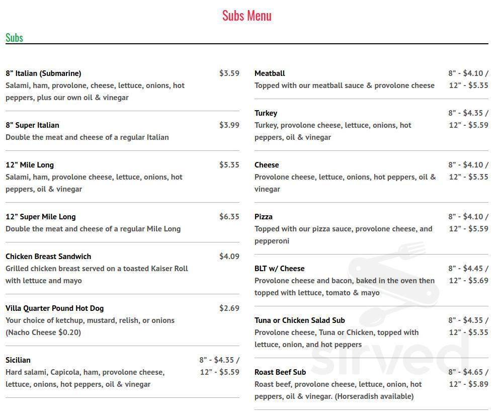 Menu Saegertown PA's Pizza Villa Sirved