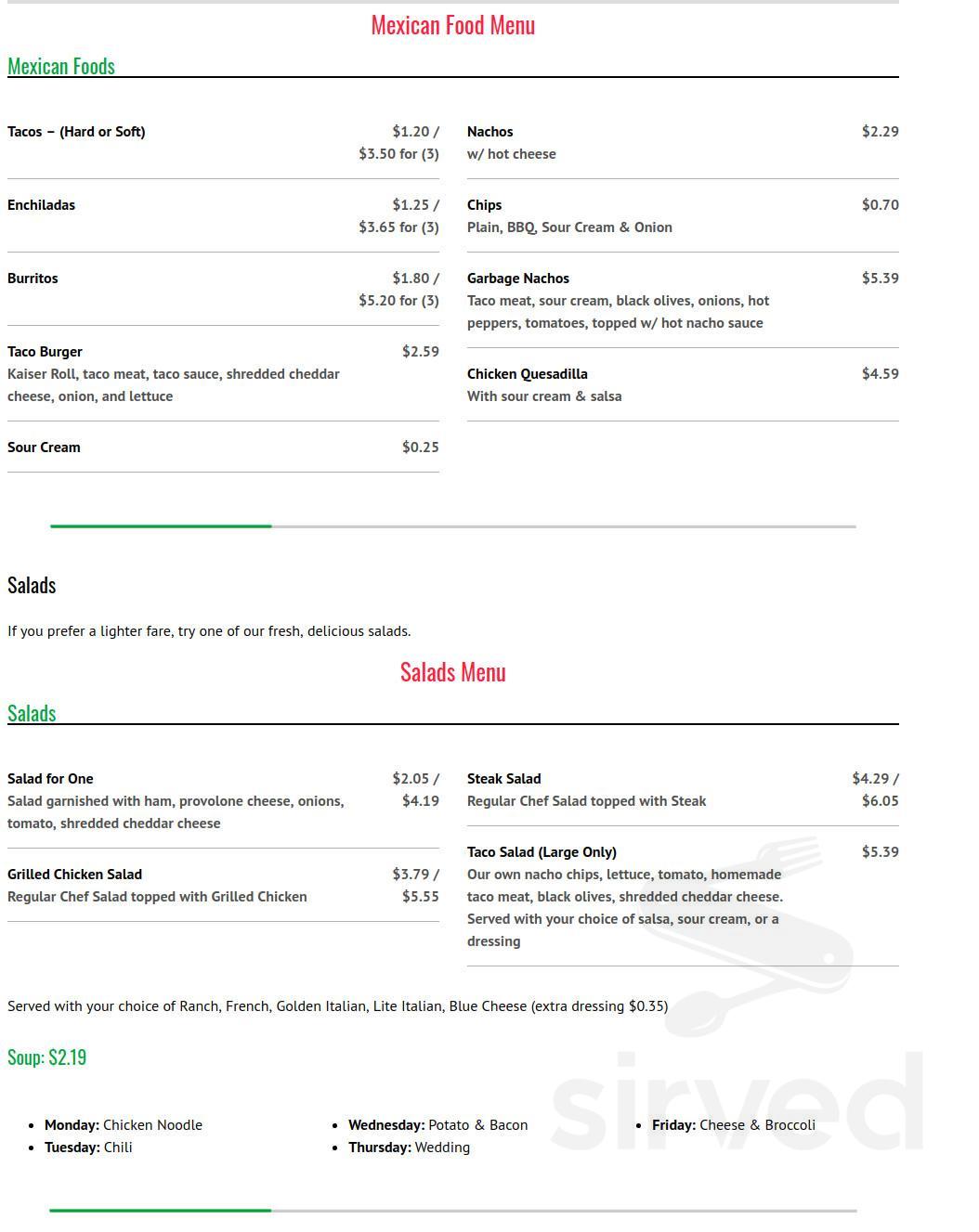 Menu Saegertown PA's Pizza Villa Sirved