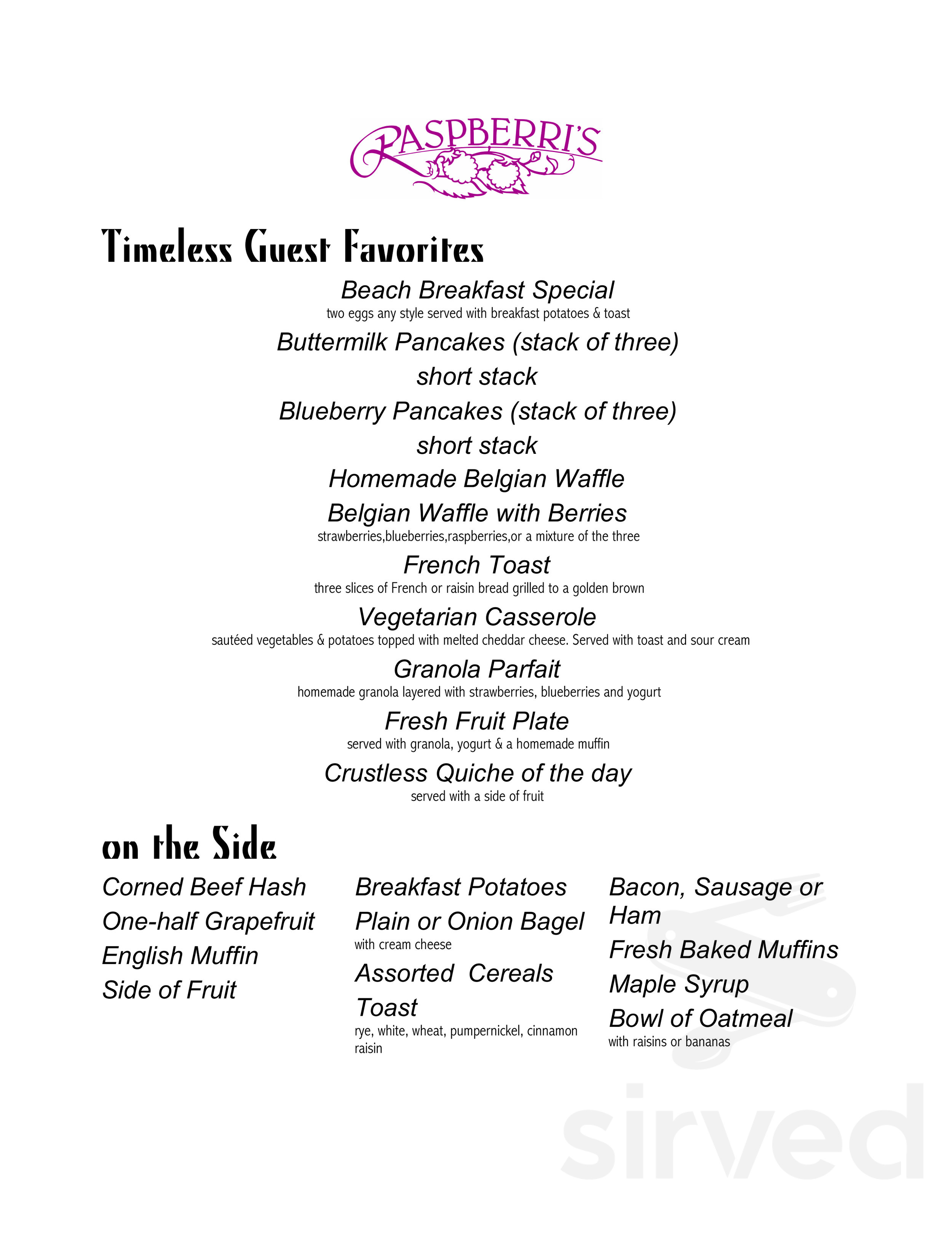 Menu for Raspberri's in Ogunquit, ME | Sirved