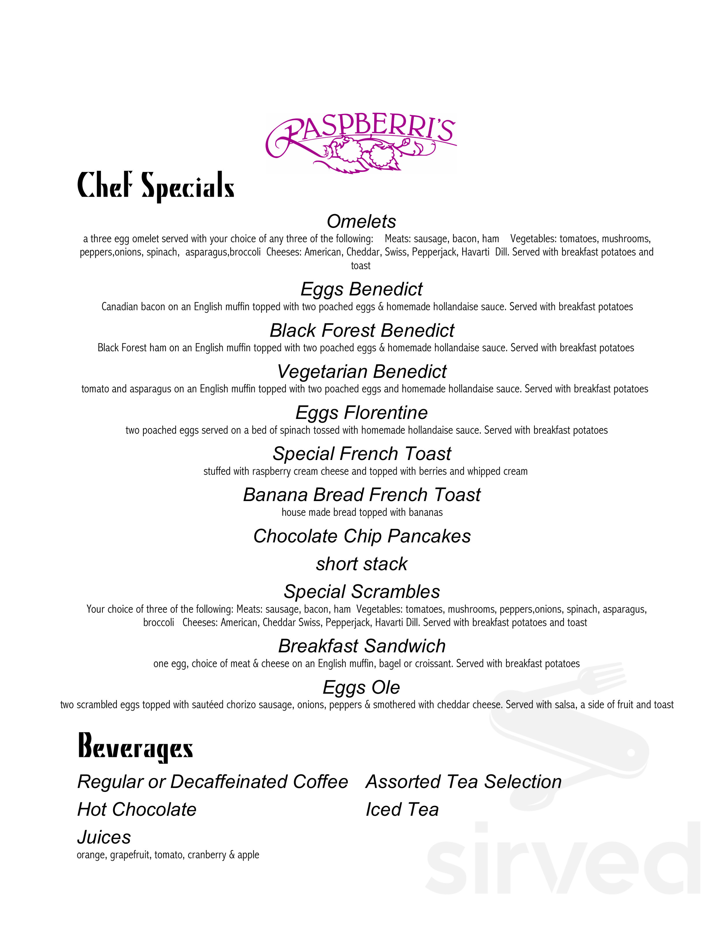 Menu - Ogunquit ME's Raspberri's | Sirved