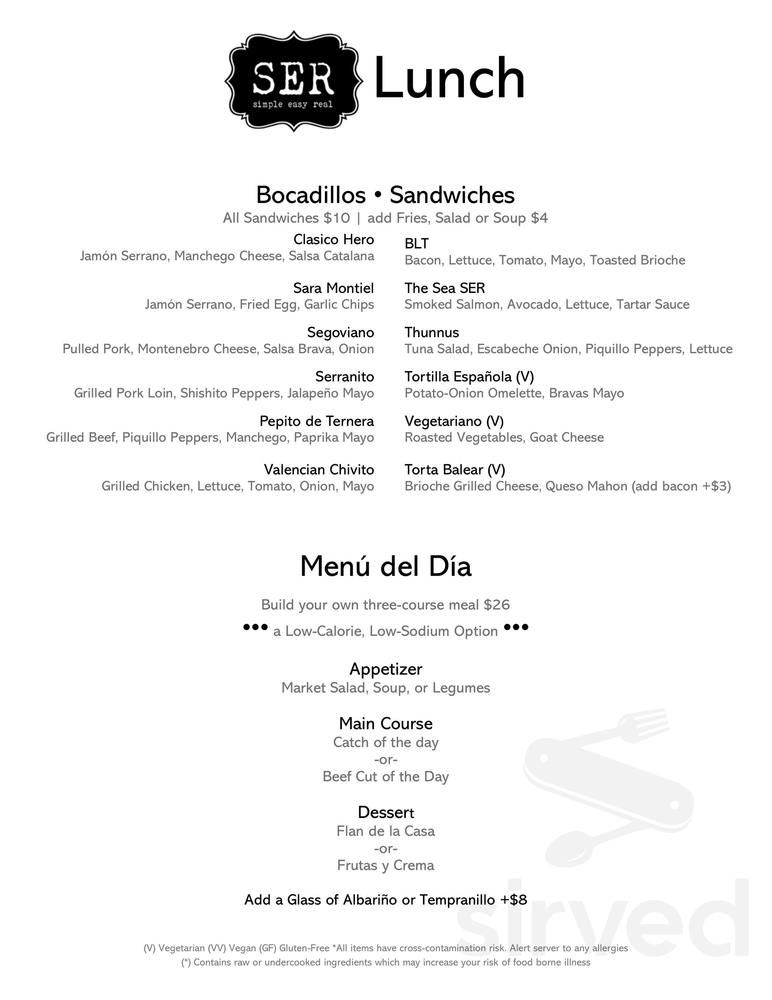 Menu - Arlington VA's SER Restaurant | Sirved