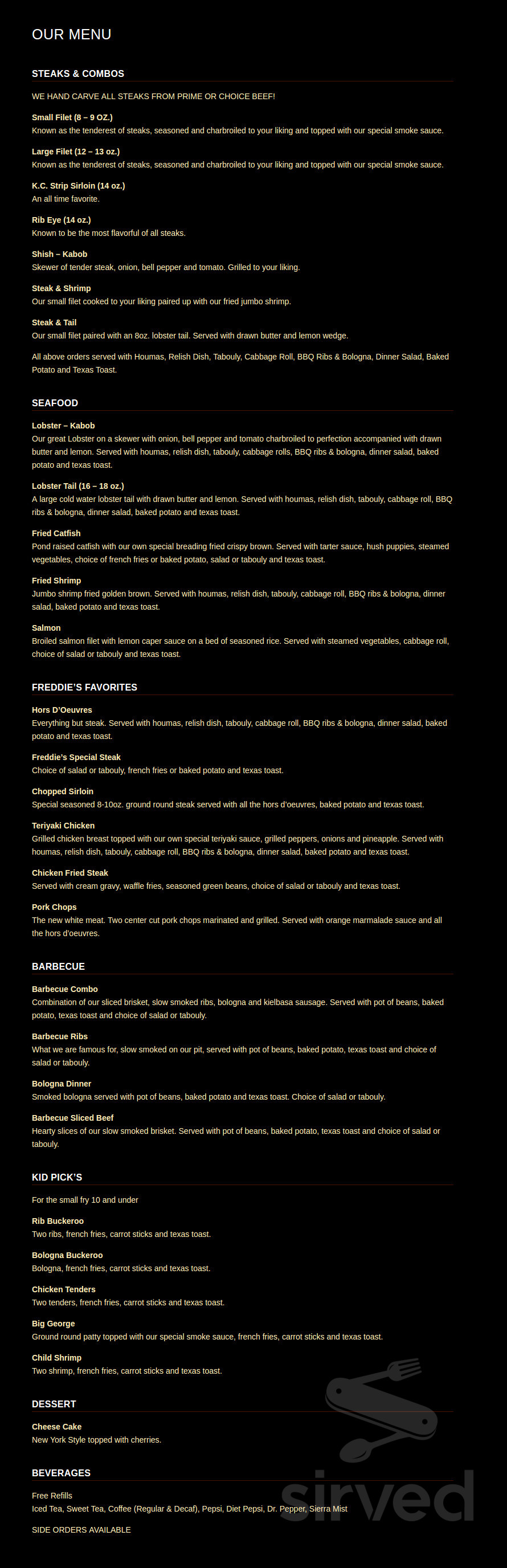 Freddie's BBQ menu in Sapulpa, Oklahoma