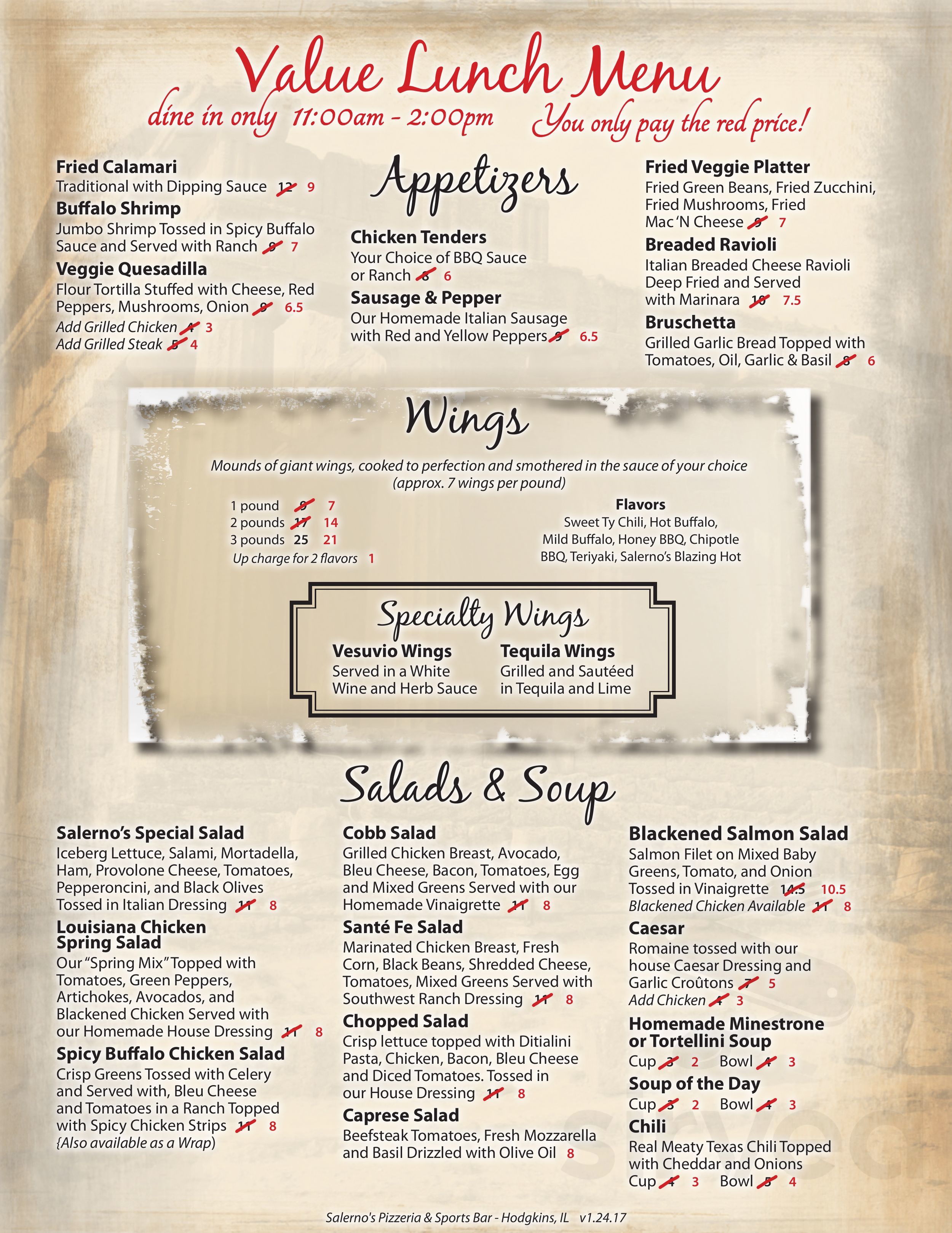Salerno's Pizzeria &amp; Sports Bar - Hodgkins menu in Hodgkins, Illinois, USA