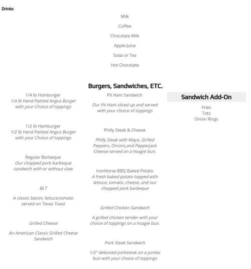 Ironhorse Barbeque And Steakhouse menu in Paragould, Arkansas, USA