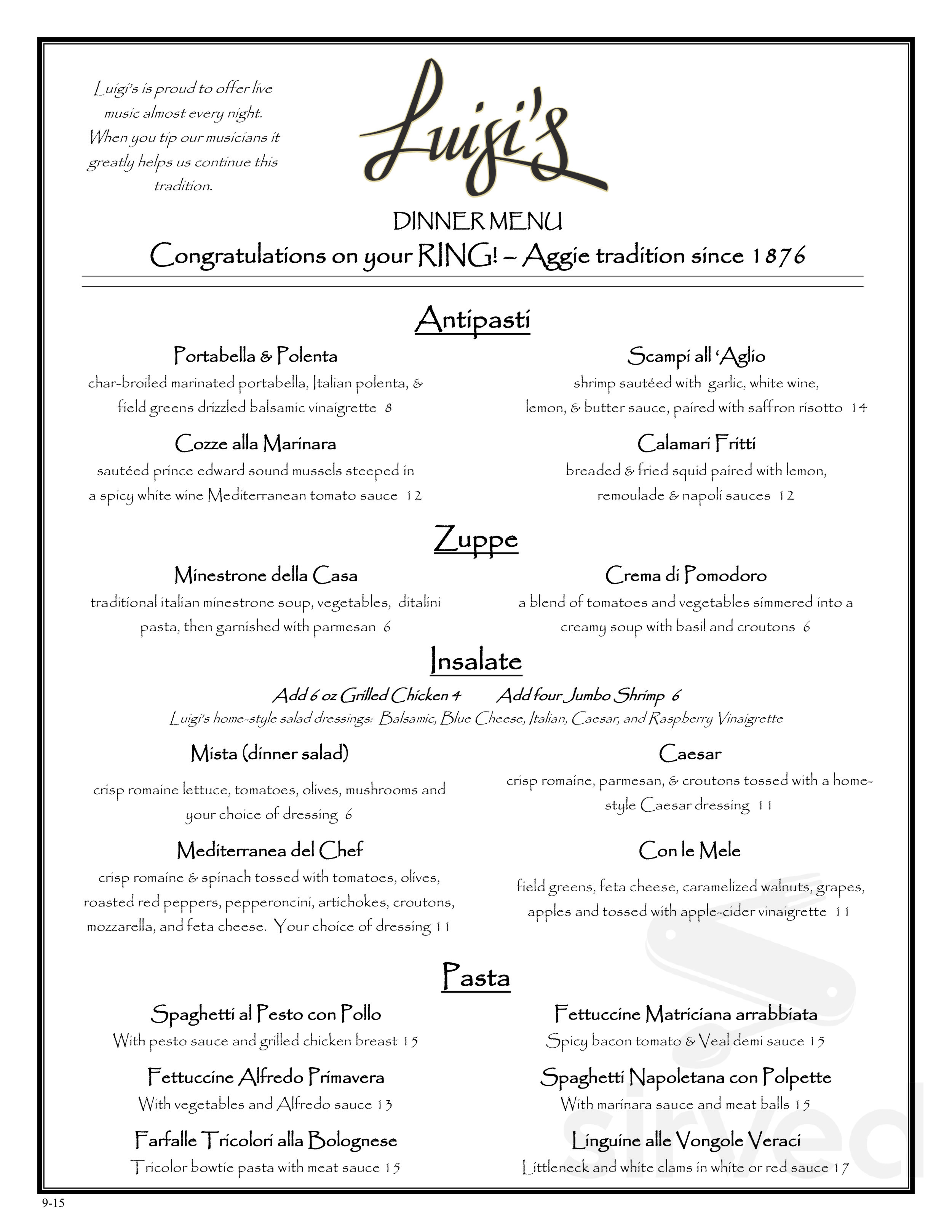 Luigi's Patio Ristorante menu in College Station, Texas, USA