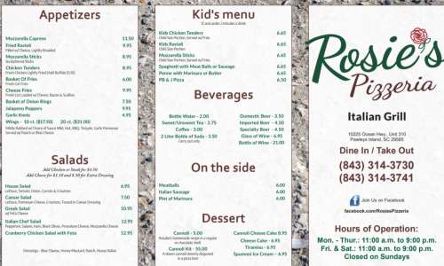 Rosies Pizzeria menu in Pawleys Island, South Carolina, USA