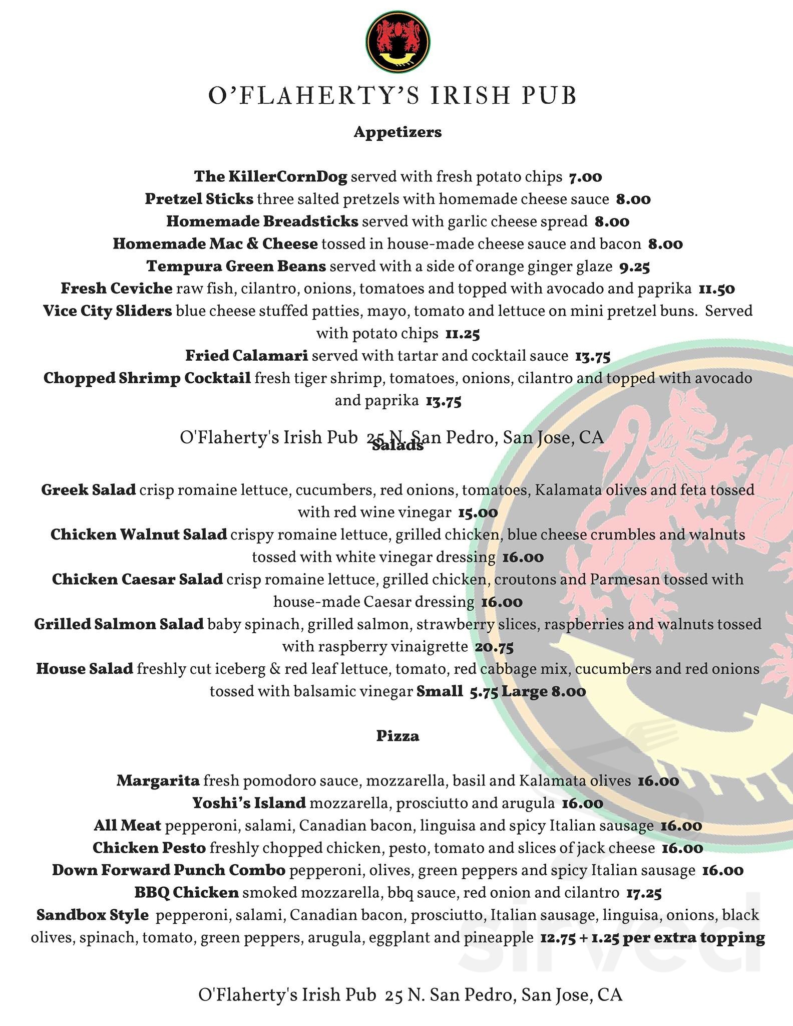 O'Flaherty's Irish Pub menus in San Jose, California, United States