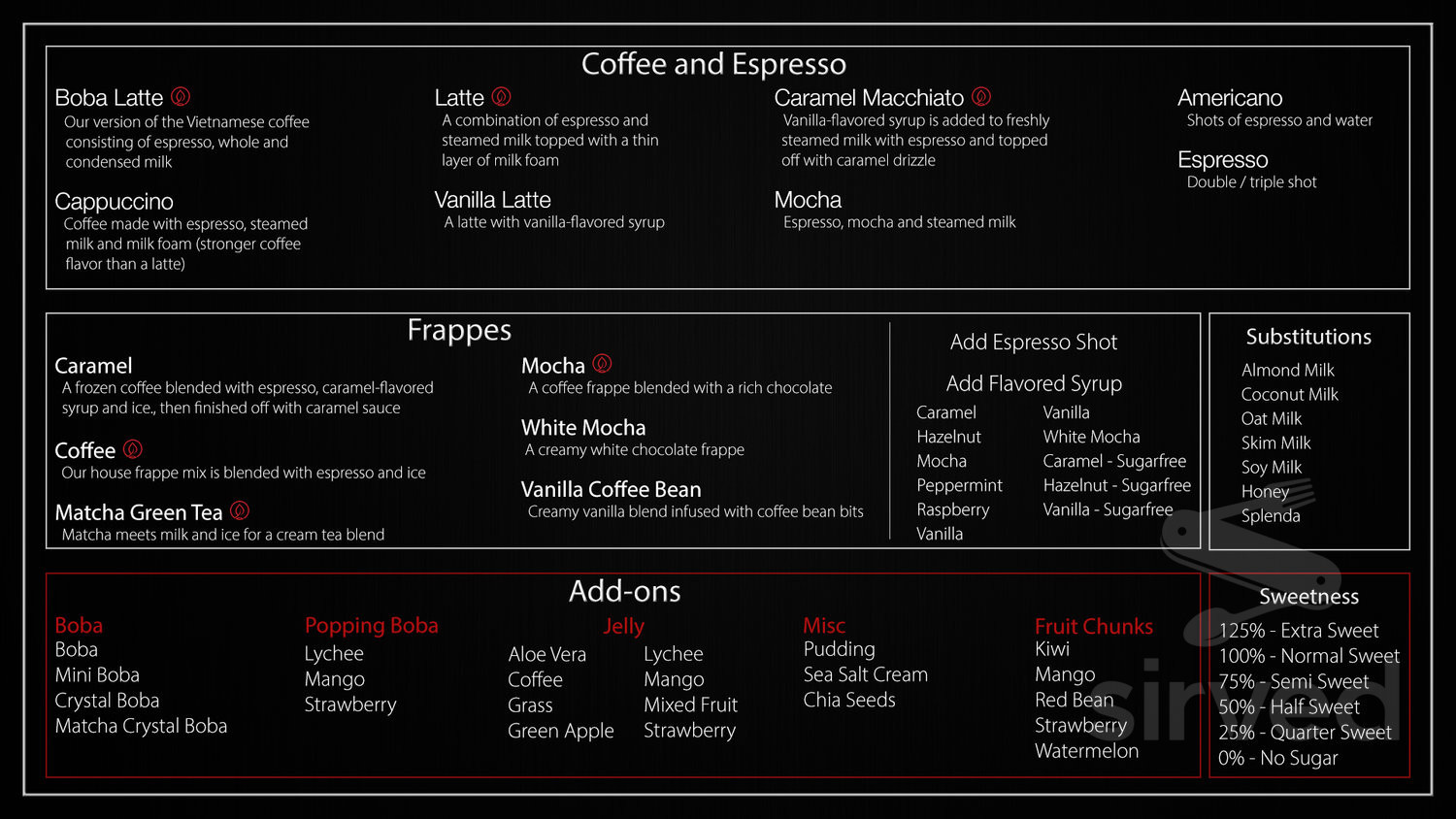Boba Latte Frisco menu in Frisco, Texas, USA