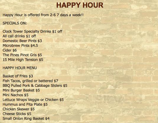 Clock Tower Ales specials menu in The Dalles, Oregon