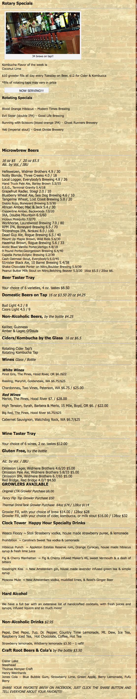Clock Tower Ales drink menu in The Dalles, Oregon