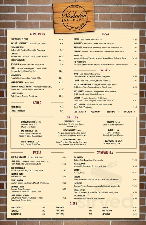 Menu - West Orange NJ's Nicholas Anthony's Family Kitchen | Sirved