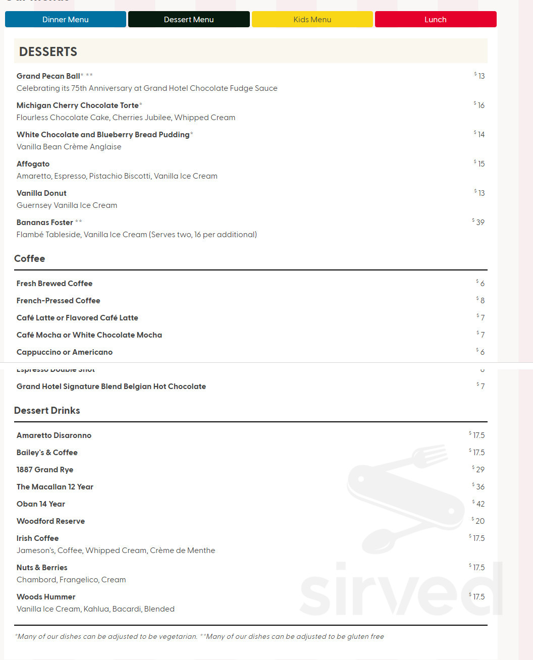 Sadie's Ice Cream Parlor menu in Mackinac Island, Michigan, USA