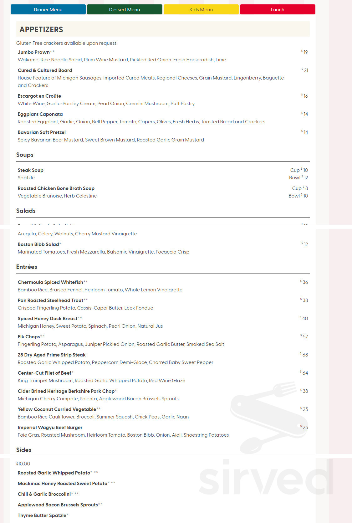 Sadie's Ice Cream Parlor menu in Mackinac Island, Michigan, USA