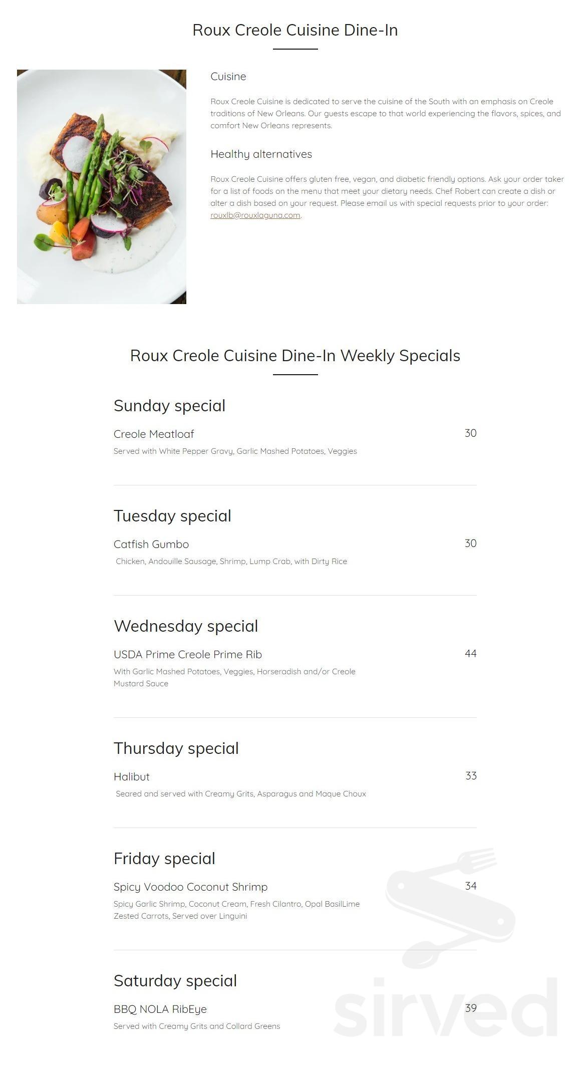 Roux Creole Cuisine menu in Laguna Beach, California