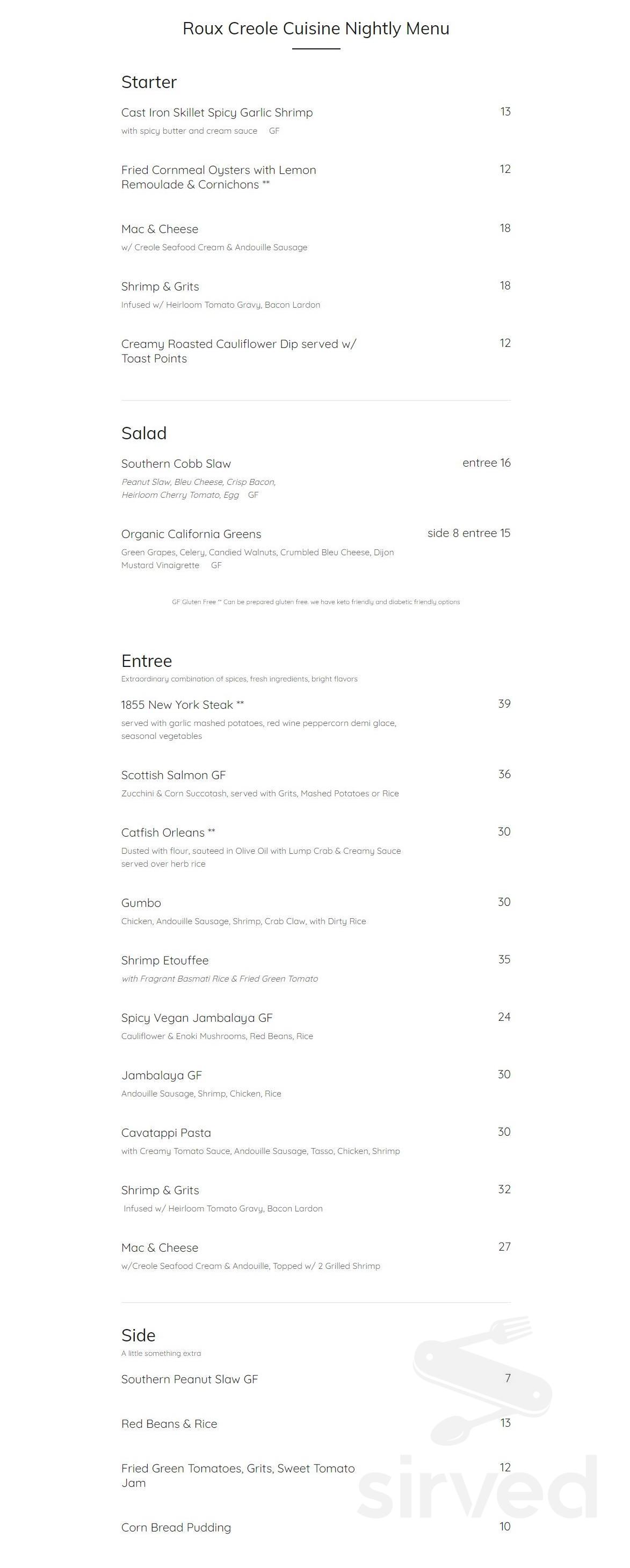 Roux Creole Cuisine menu in Laguna Beach, California