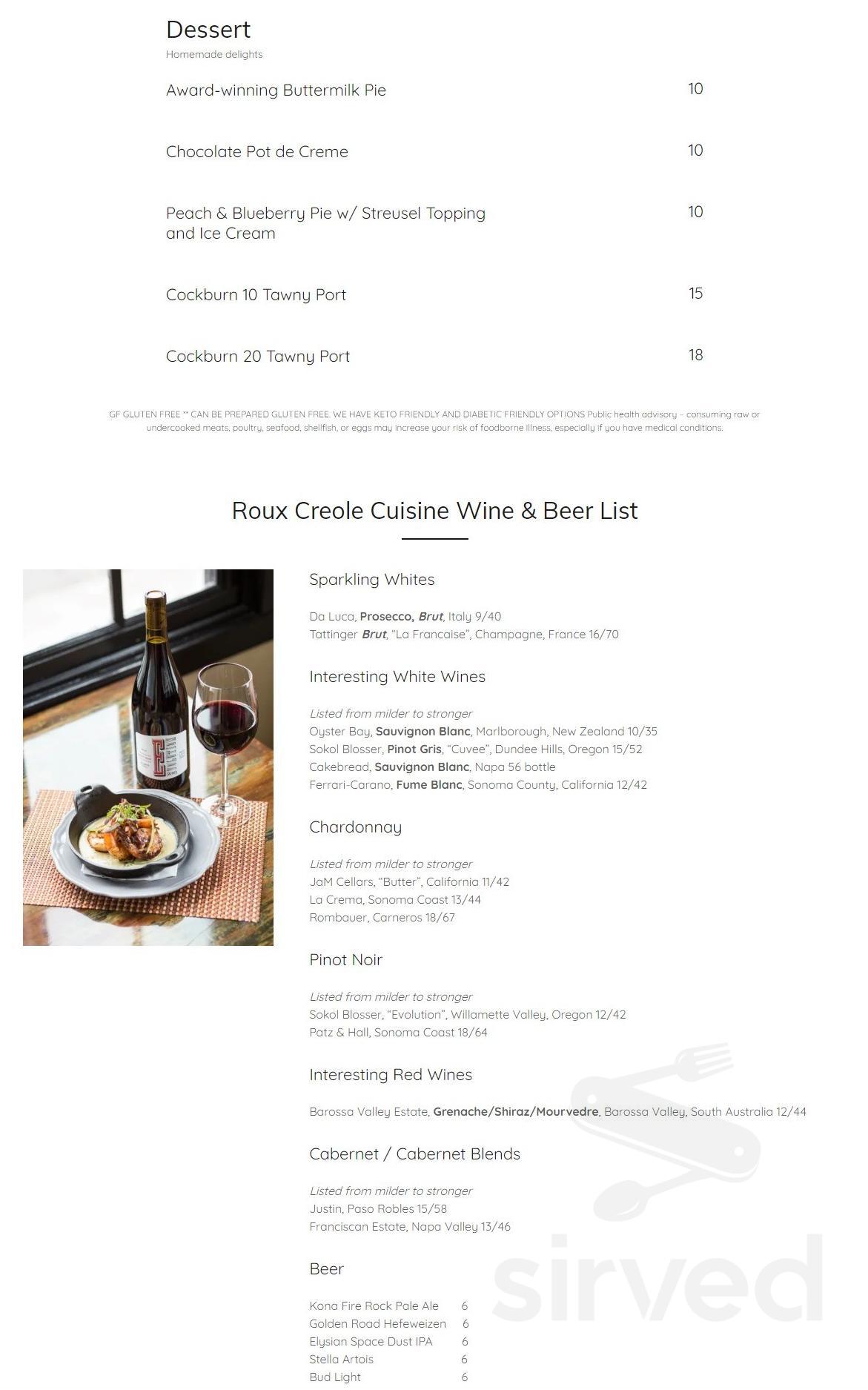 Roux Creole Cuisine dessert menu in Laguna Beach, California