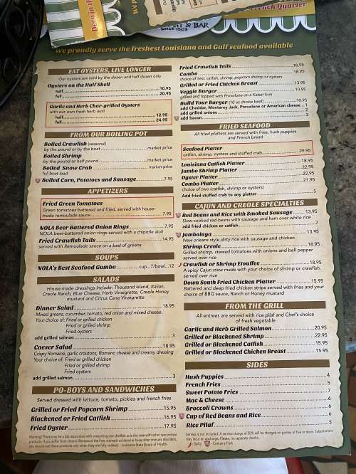 The Original French Market Restaurant and Bar menu in New Orleans, Louisiana, USA