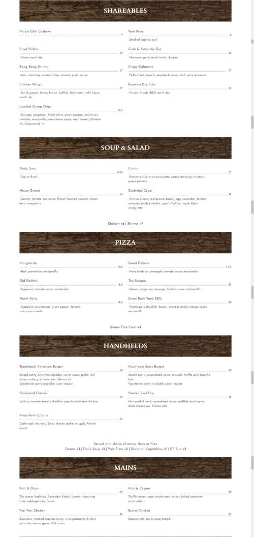 The Stump Tavern menu in Cochrane, Alberta, Canada