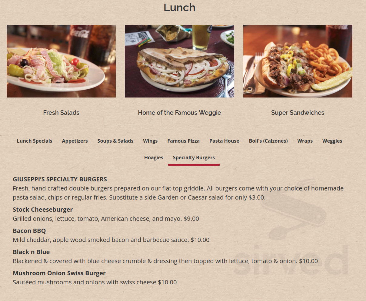 Giuseppi's Pizza & Pasta House Shelter Cove menu in Hilton Head Island, South Carolina, USA