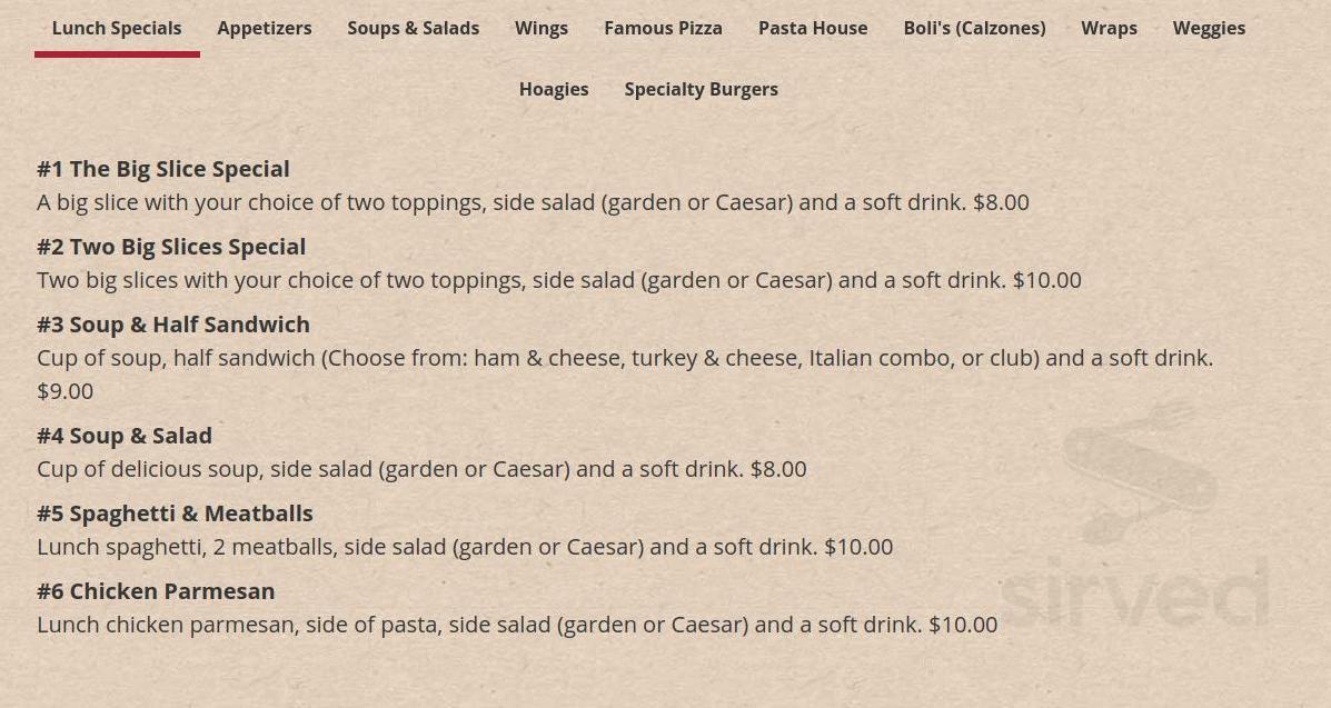 Giuseppi's Pizza & Pasta House Shelter Cove menu in Hilton Head Island, South Carolina, USA