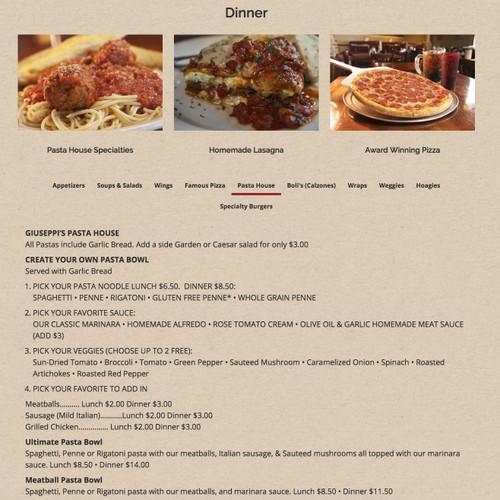Giuseppi's Pizza & Pasta House Shelter Cove menu in Hilton Head Island