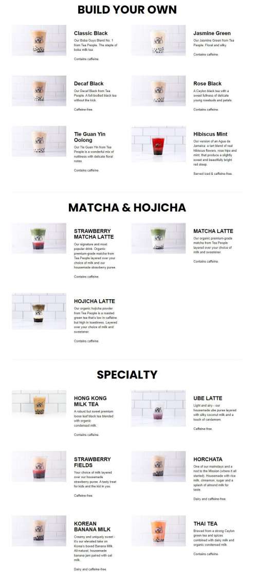 Boba Guys menu in San Francisco, California, USA