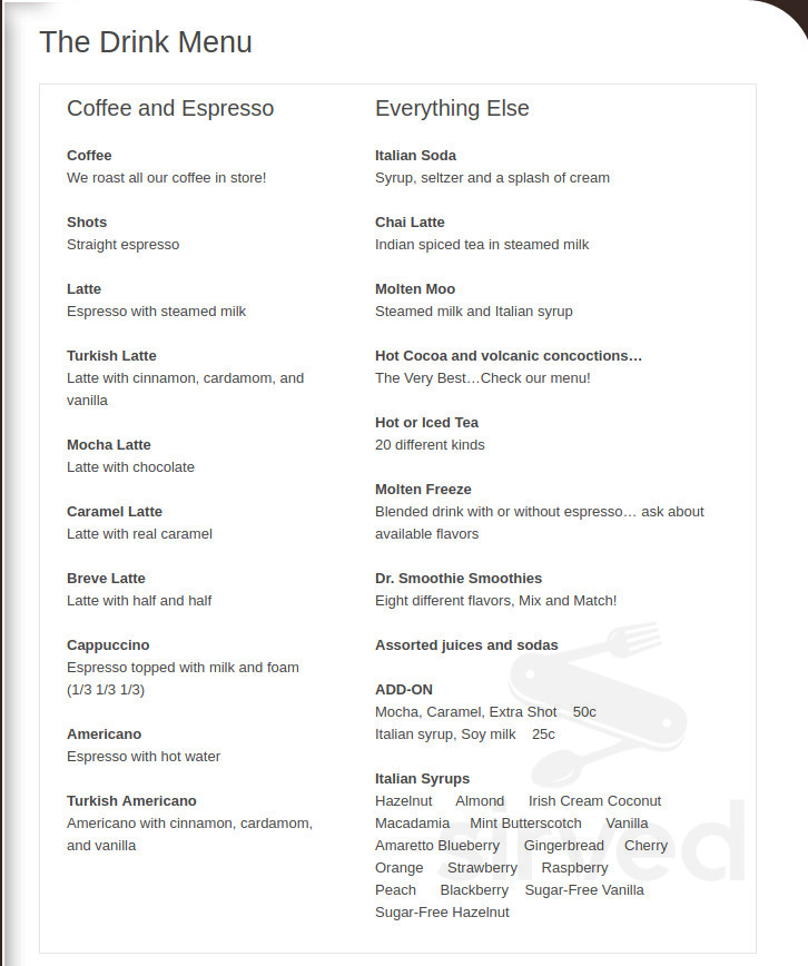 Molten Java drink menu in Bethel, Connecticut