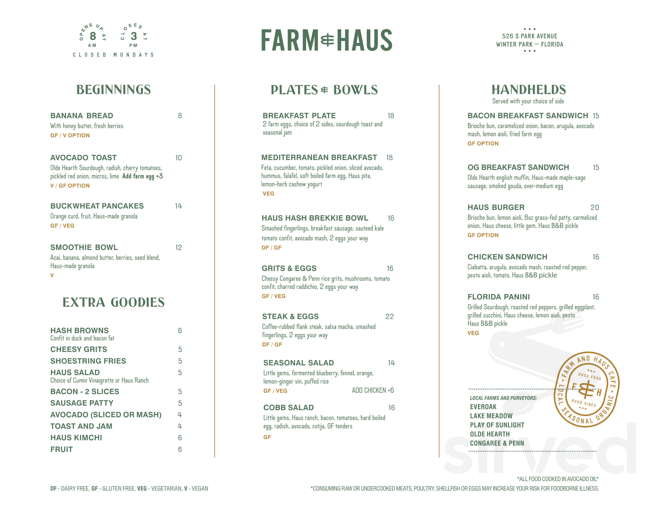 Farm & Haus Park Avenue menu in Winter Park, Florida, USA