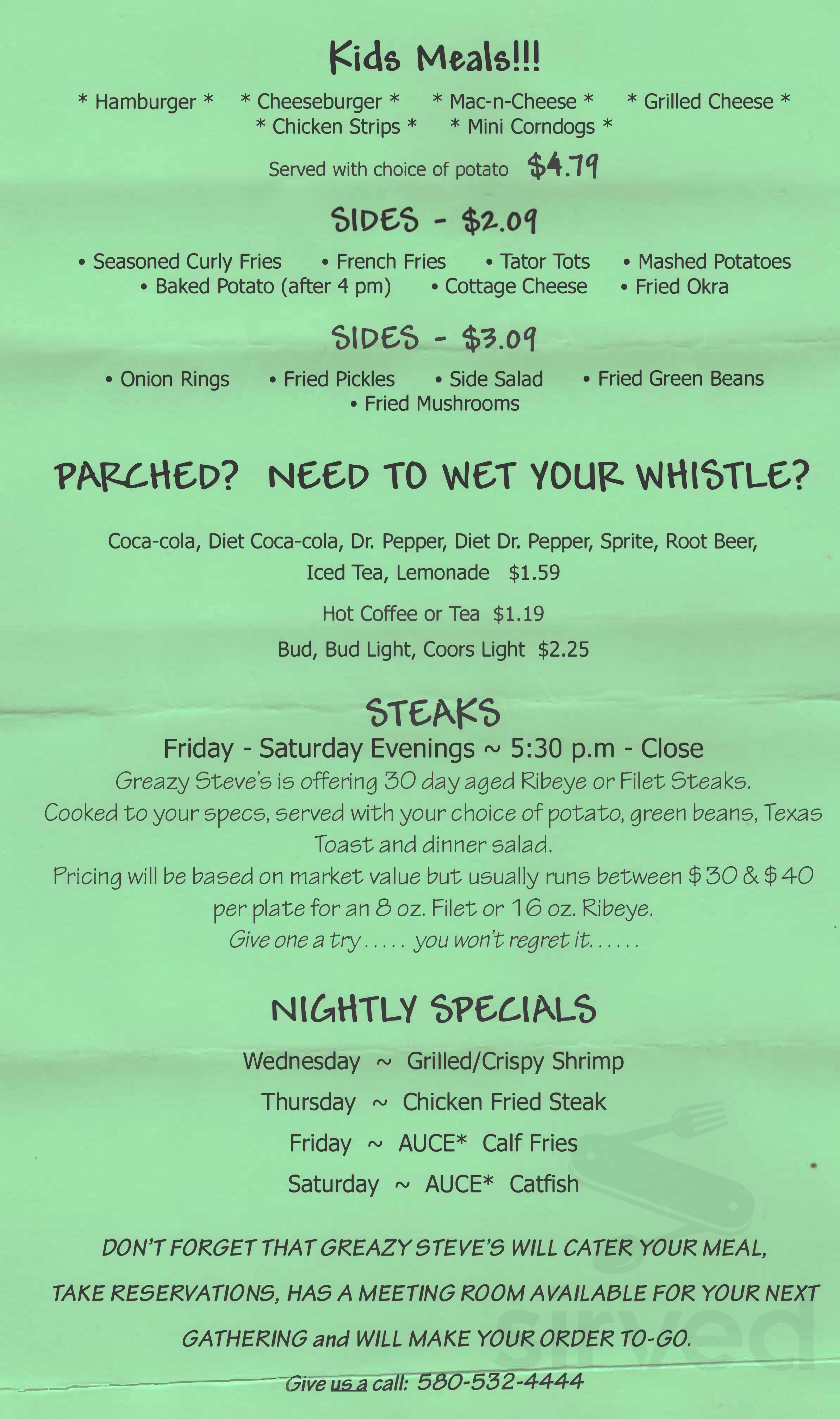 Greazy Steve's menu in Pond Creek, Oklahoma, USA
