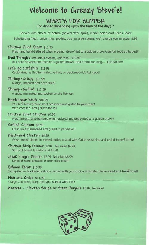 Greazy Steve's menu in Pond Creek, Oklahoma, USA