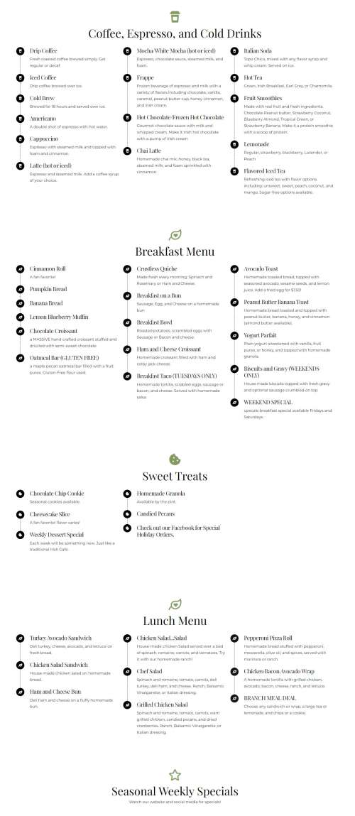 The Branch Coffeehouse menu in Tuscola, Texas, USA