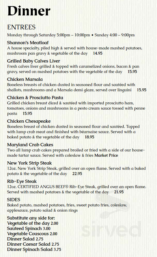 Shannon's Saloon menu in Ellicott City, Maryland, USA