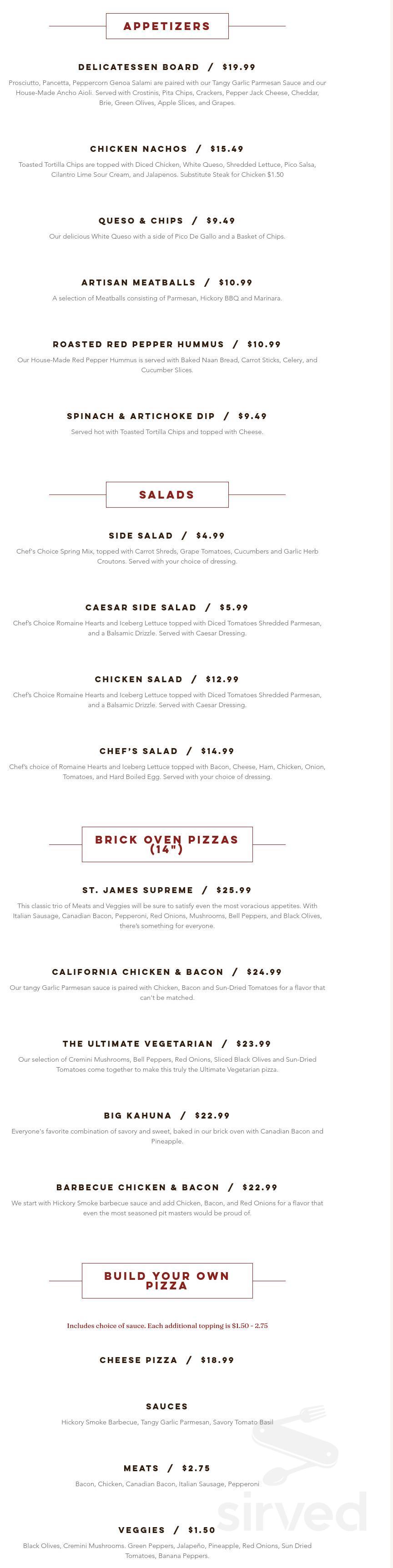 St. James Winery Branson menu in Branson, Missouri, USA
