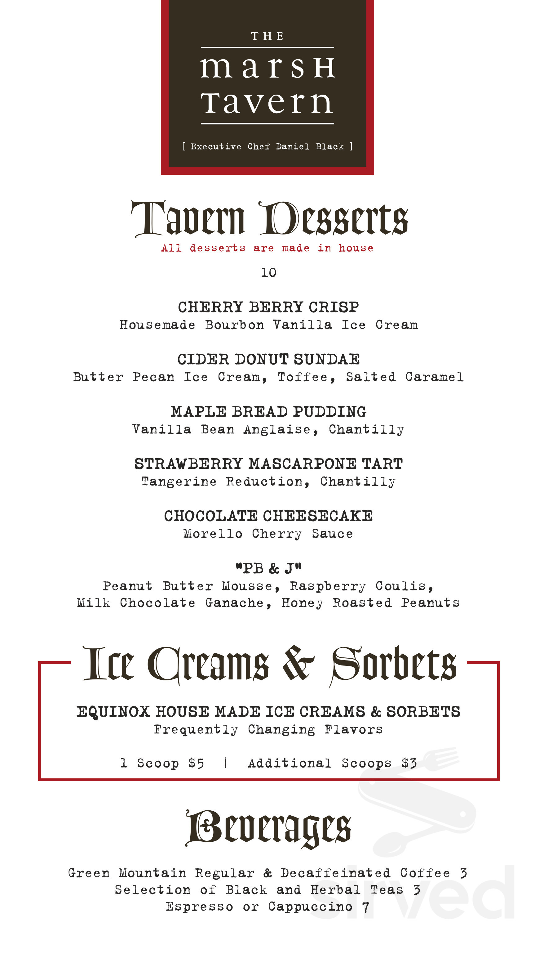 Marsh Menu The Marsh Tavern menu in Manchester, Vermont, USA
