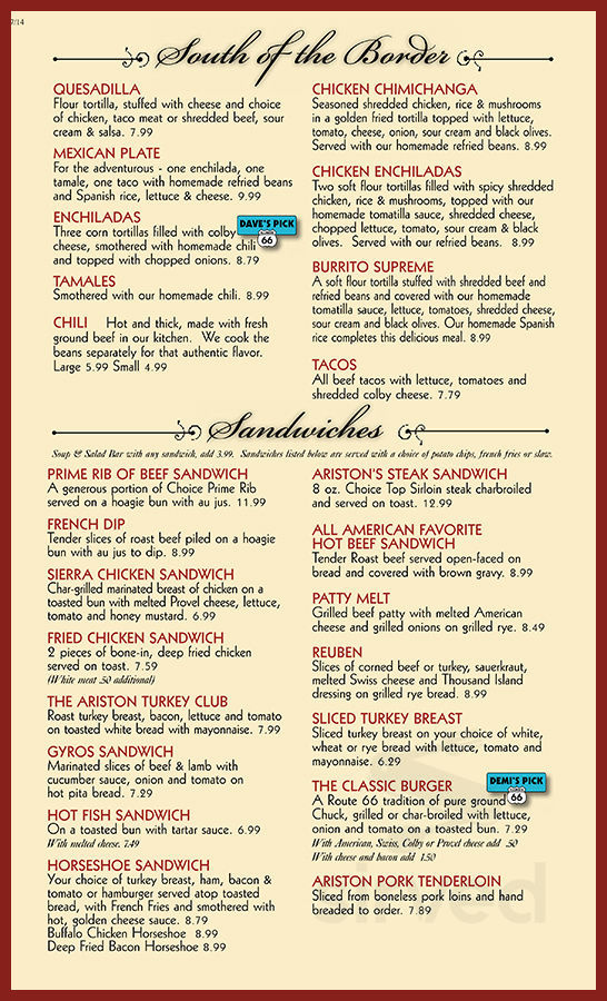 The Ariston Cafe menu in Litchfield, Illinois, USA