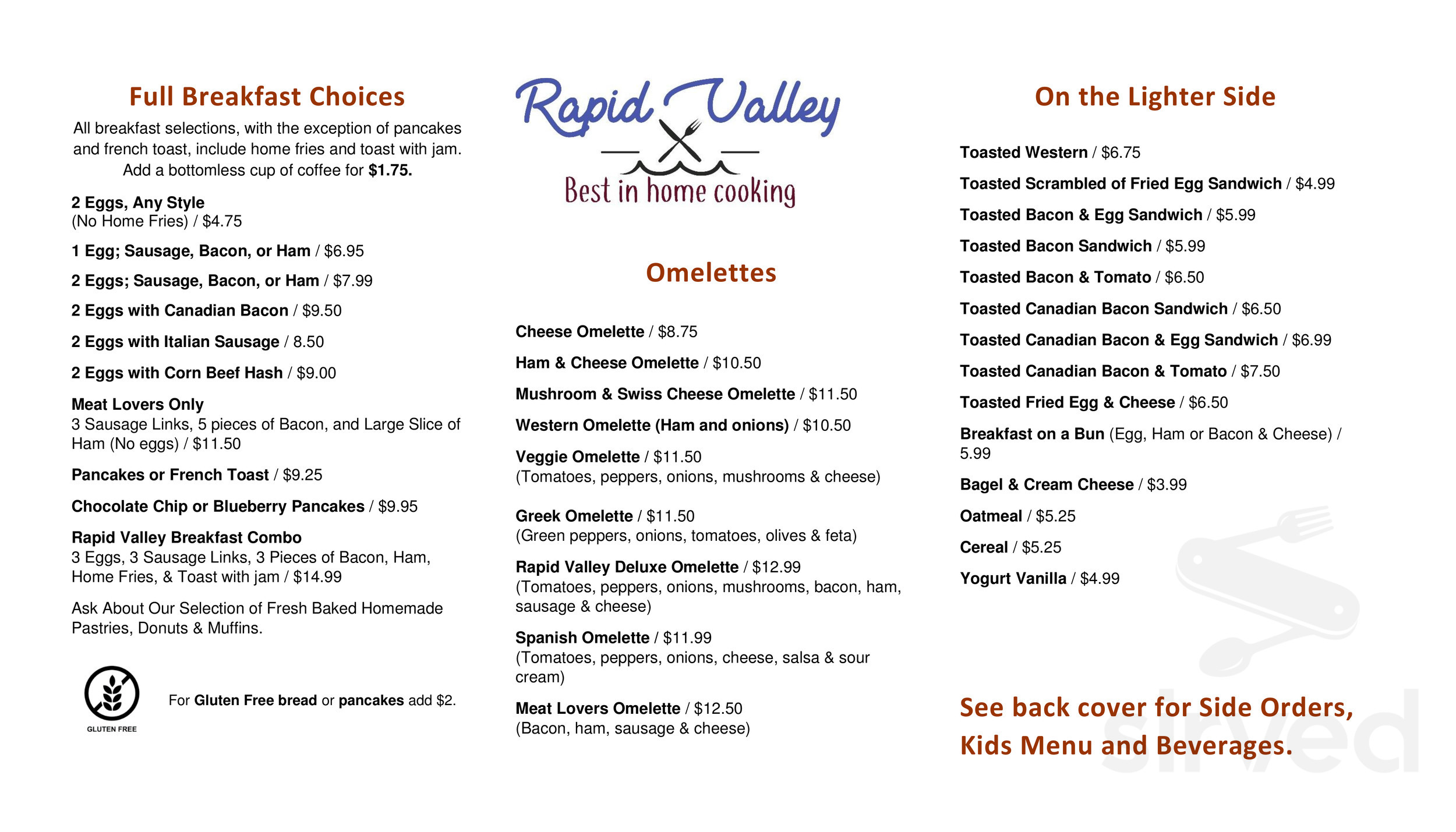 Rapid Valley menu in Lansdowne, Ontario, Canada