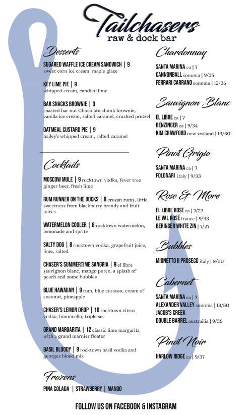 Tailchasers Restaurant & Dock Bar menu in Ocean City, Maryland, USA