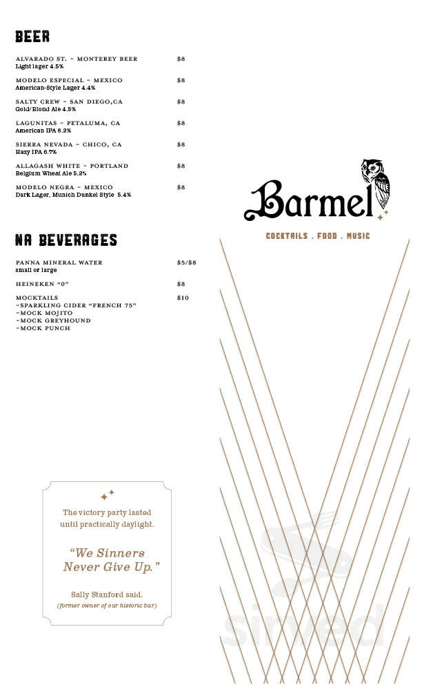 Barmel menu in CarmelByTheSea, California, USA