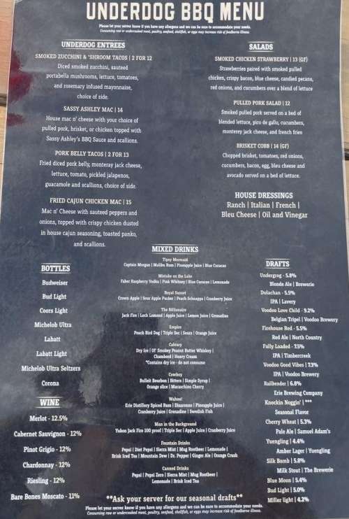 Underdog BBQ menu in Erie, Pennsylvania, USA