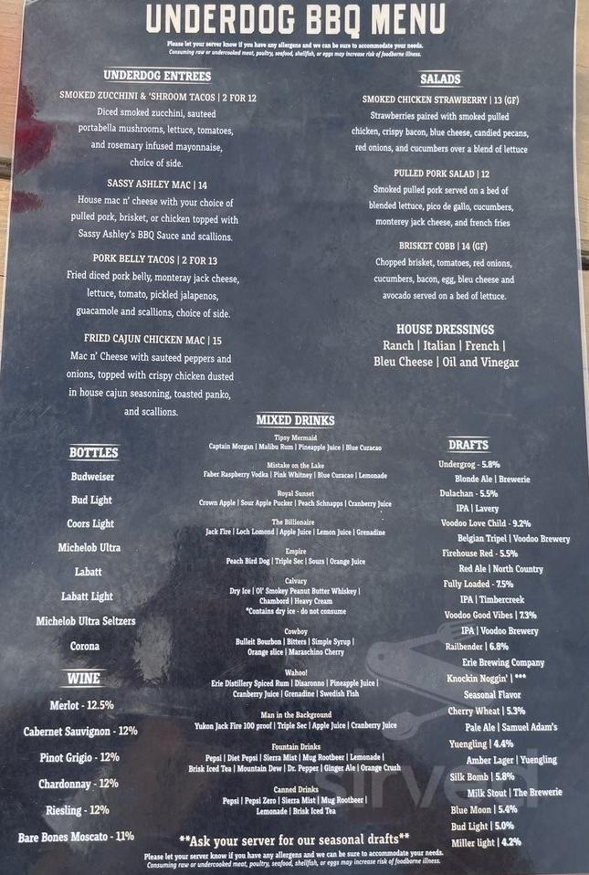 Underdog BBQ menu in Erie, Pennsylvania, USA