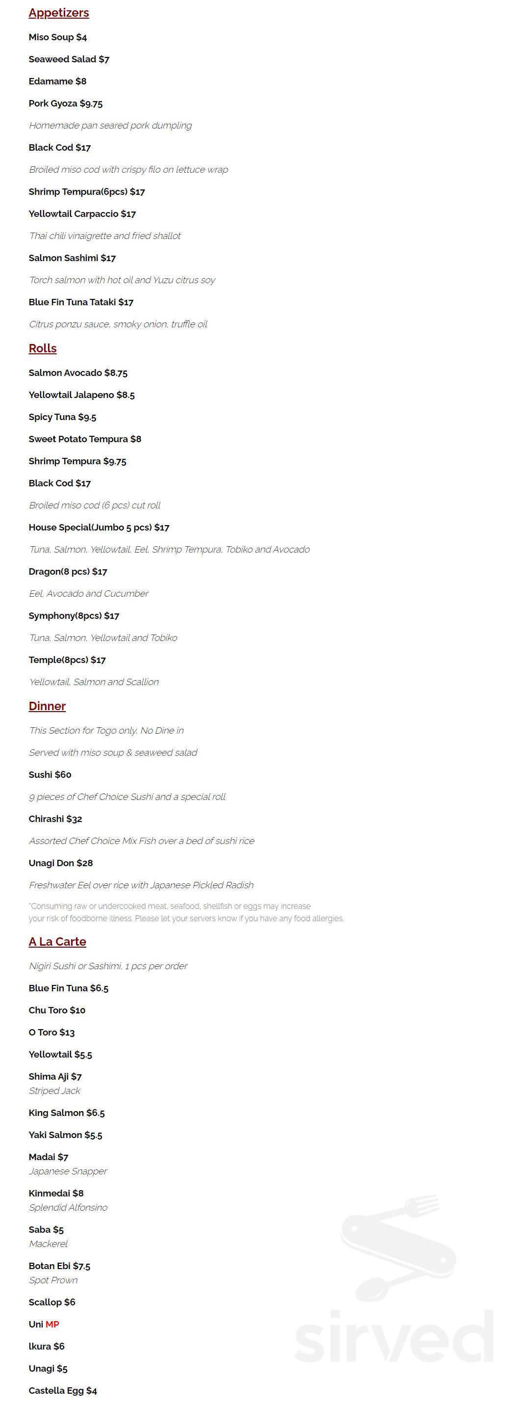 Otaru Sushi Bar menu in New Haven, Connecticut