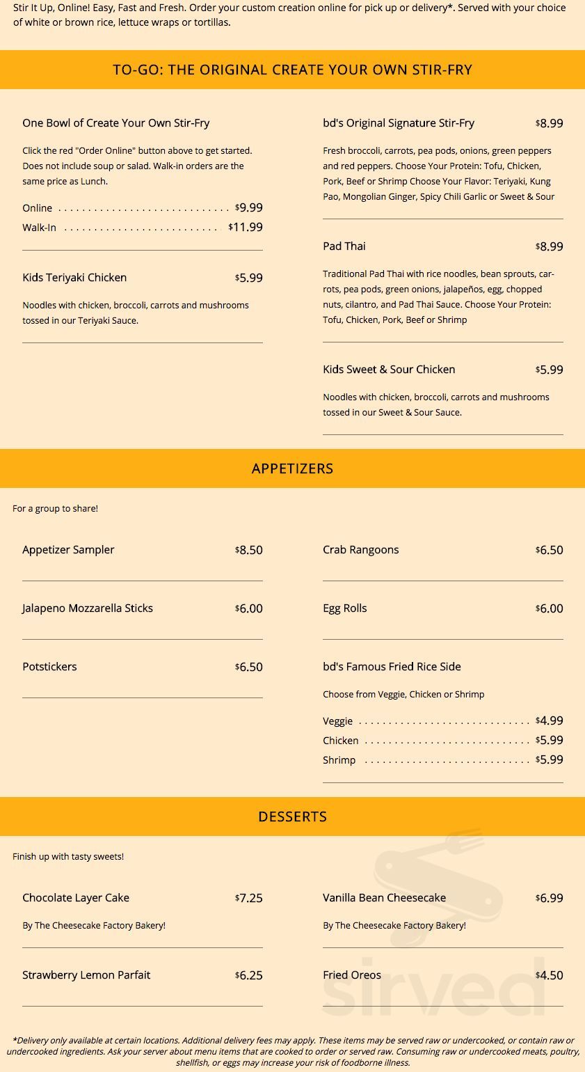 bd's Mongolian Grill menu in Lexington, Kentucky, USA