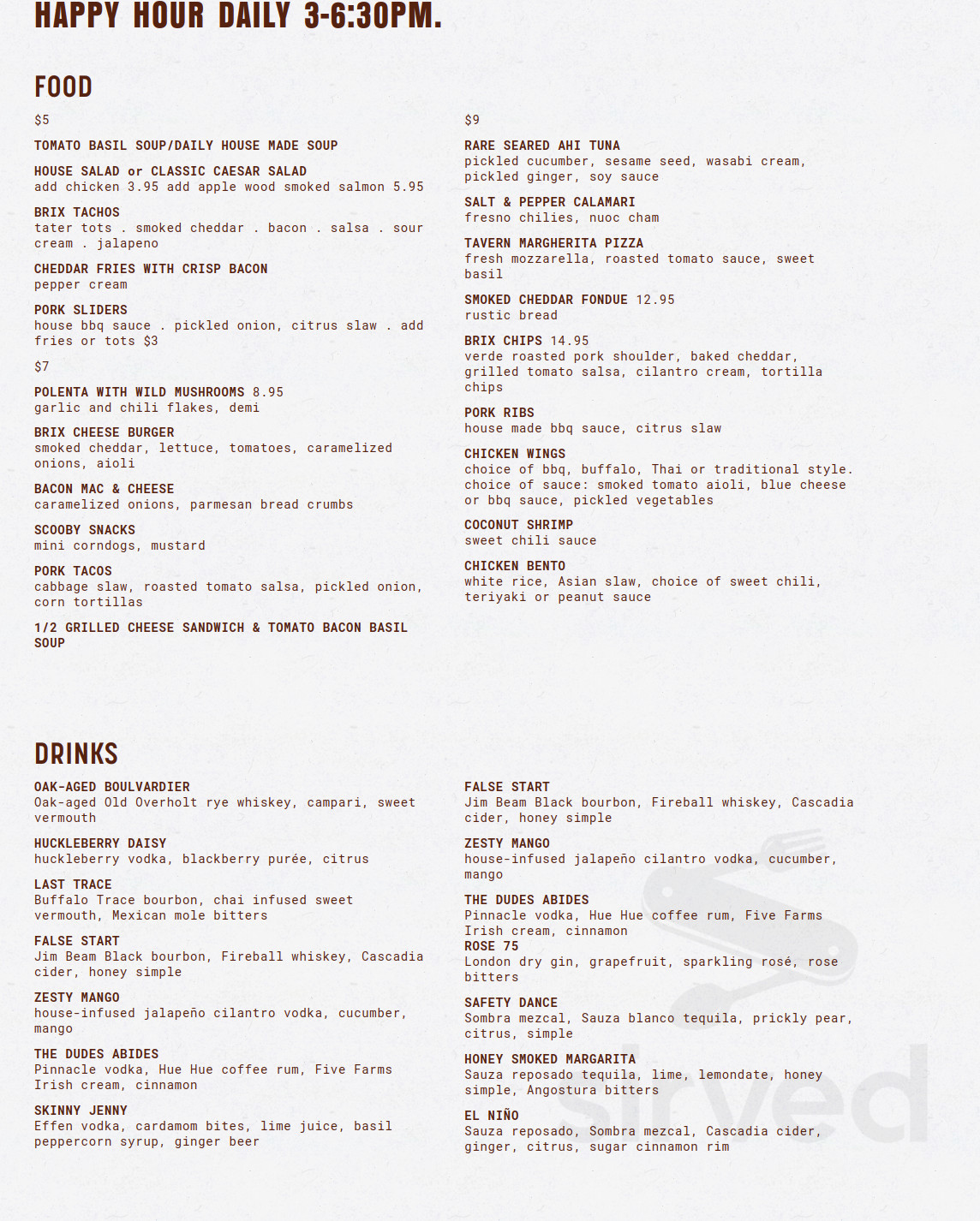 Menu for Brix - Tualatin in Tualatin, OR | Sirved