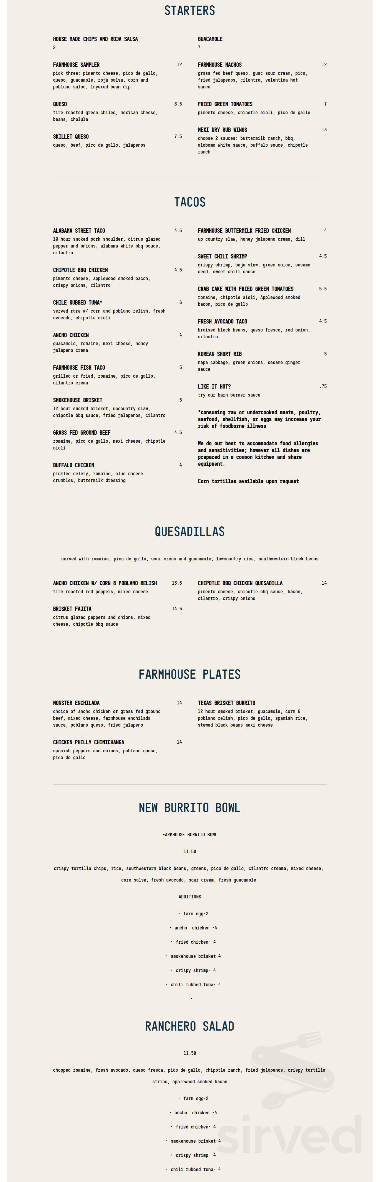 Menu - Greenville SC's Farmhouse Tacos | Sirved