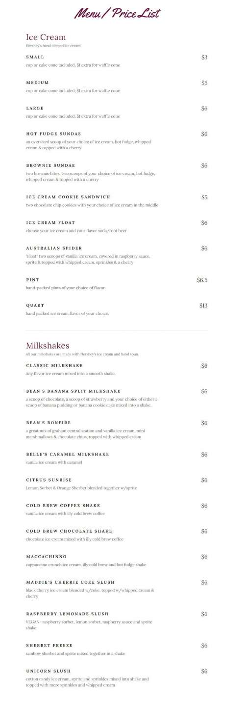 Bean's Ice Cream menu in Poquoson, Virginia, USA