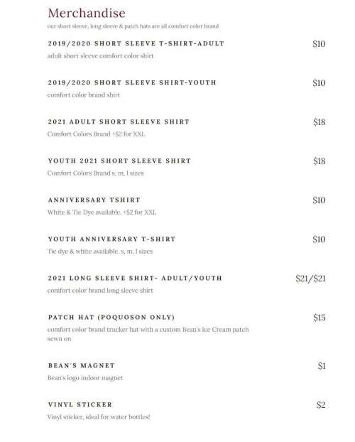 Bean's Ice Cream menu in Poquoson, Virginia, USA