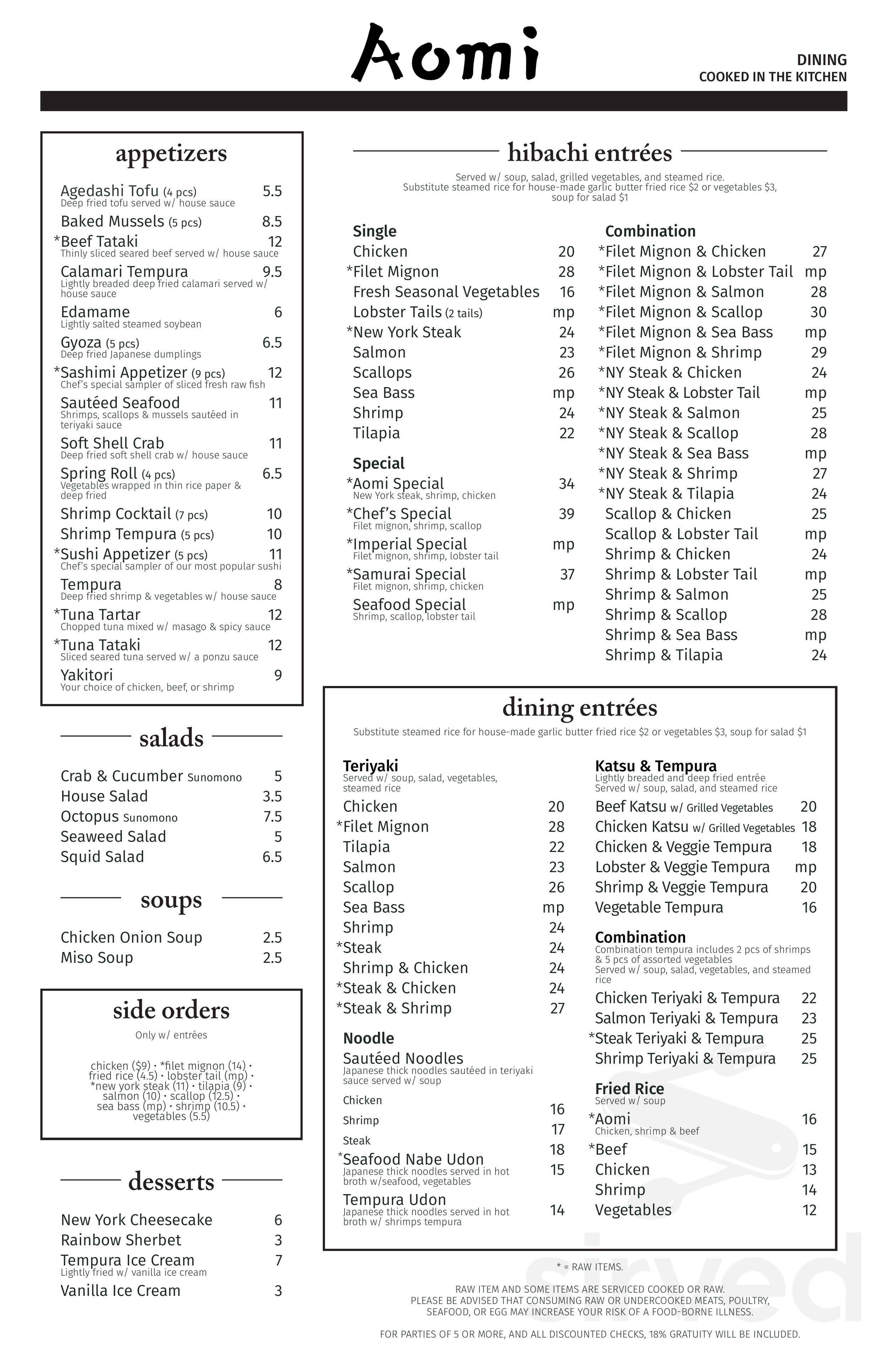 Aomi Japanese Restaurant menu in Peachtree Corners, USA