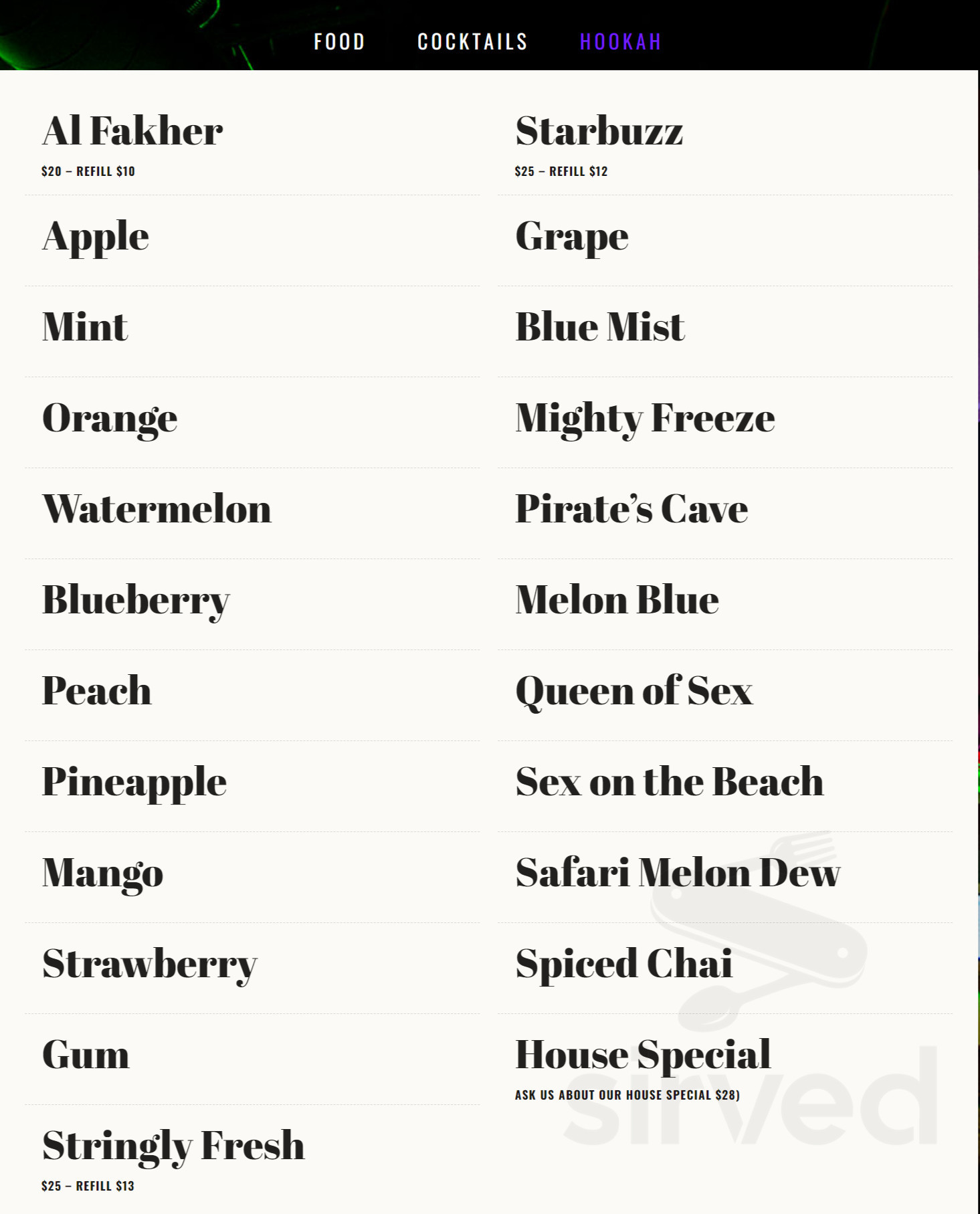 Pure Lounge/hookah bar menu in Atlanta, USA