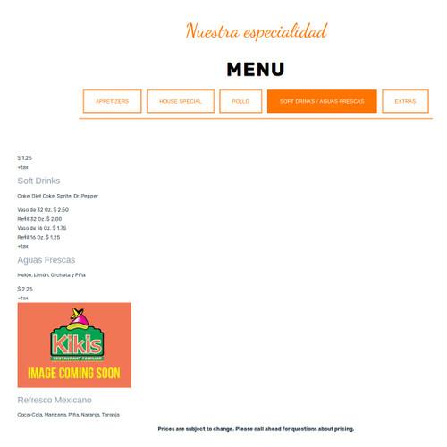 Kikis menu in Brownsville, Texas, USA